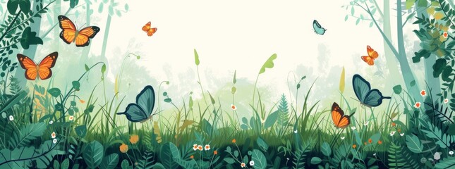 woodland scene with a green grass and butterflies Generative AI