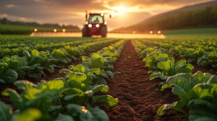 Tractor spraying pesticides in vegetable field at sunset