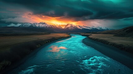 Fototapeta premium a river running through a lush green field under a cloudy sky with mountains in the background and a sunset in the sky over the mountains in the middle of the foreground.