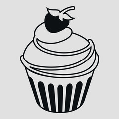 Black and white drawing of a cupcake with a berry on top. Vector on a gray background