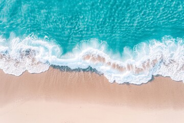 Fototapeta na wymiar Coastal Serenity: A Pristine Aerial View of Gentle Waves Washing Over a Sandy Beach, Embodying Tranquility and the Beauty of the Ocean, Generative AI