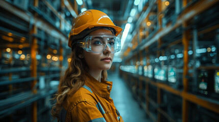 Fototapeta premium Futuristic Technology Concept: Team of Engineers and Professionals Workers in Heavy Industry Manufacturing Factory that is Visualized with Graphics into Digital Twin of Industry 4.0 High Tech