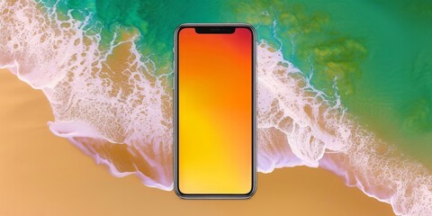 Seamless Integration: A Smartphone Merges with the Vibrant Aerial View of a Beach, Symbolizing the Confluence of Technology and Nature, Generative AI