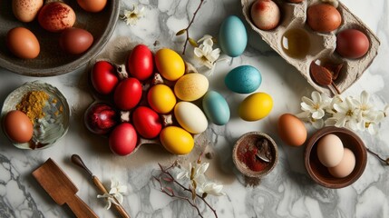  a table topped with different types of eggs and a bowl of eggs next to a spatula and a bowl of eggs on top of a white marble counter top.