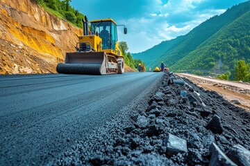 Bulldozer on the Side of a Mountain Road