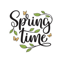 Spring time hand lettering composition with new leaves and butterflies