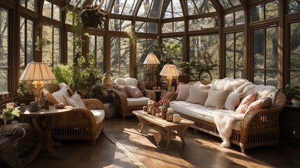 Design a sunroom with comfortable seating and ample greenery for a connection to nature