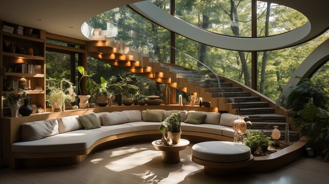Design a "sunken conversation pit" with built-in seating bathed in natural light from a large window