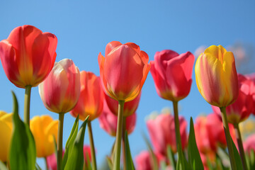 Vibrant tulips reaching for the sky. A Spring representation with colorful flowers and outdoors beautiful weather.