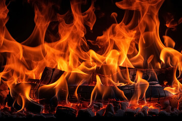 Close-up of burning powerful fire with black coals, burnt wood in flames of fire, dynamic bright background with copy space