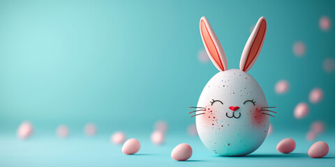 Naklejka na ściany i meble Creative decorated Easter egg with smile on its face and bunny ears on blue empty background, banner with copy space, symbol of happy Easter