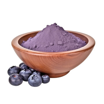 pile of finely dry organic fresh raw bilberry fruit powder in wooden bowl png isolated on white background. bright colored of herbal, spice or seasoning recipes clipping path. selective focus