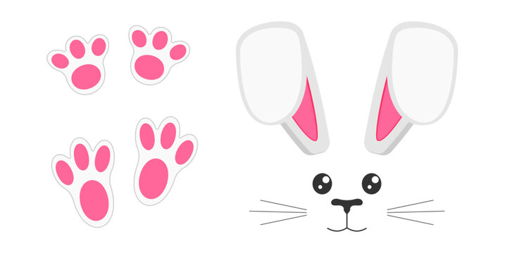 Cute bunny muzzle with ears, eyes, nose, mouth, mustaches and paws. Decoration elements for Easter party, photo shoot, greeting or invitation card, celebration banner. Vector flat illustration