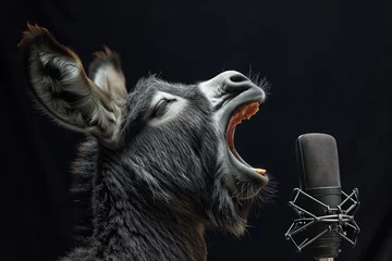 Poster Funny donkey is singing song in microphone in music studio. Banner with donkey musician on black background © Balica