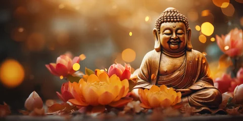 Tuinposter Bronze Buddha statue in meditation position surrounded by beautiful, blooming lotus flowers on blurred, brown, natural background with copy space © Balica