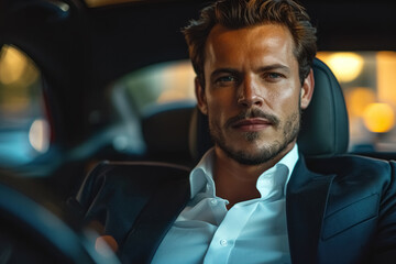 Businessman in formal suit and with serious, focused expression sits in luxury car interior, portrait of handsome, stylish, successful man