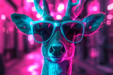 Fotobehang Vivid neon portrait of a deer with an artistic outline and oversized cool blue sunglasses. © Nikola
