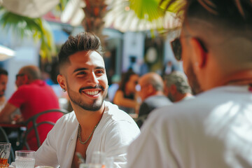 young handsome man on a bar restaurant terrace with friend outdoors smiling happy joyful white shirt necklace palm tree sunlight, summer warm attractive tanned holidays vacation parasol sun bearded - obrazy, fototapety, plakaty