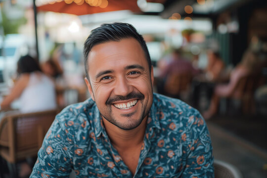 closeup portrait of an hispanic man on a restaurant terrace bar smiling latino happy joyful wearing a patterned blue shirt summer tables clients tanned beard mustach short brown hair in his thirties