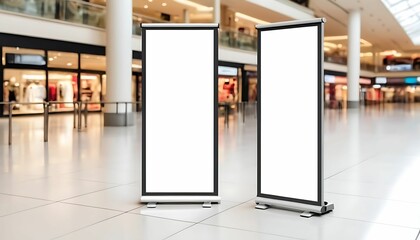 roll up mockup poster stand in a shopping mall banner design with a blank empty copy space area created with generative ai