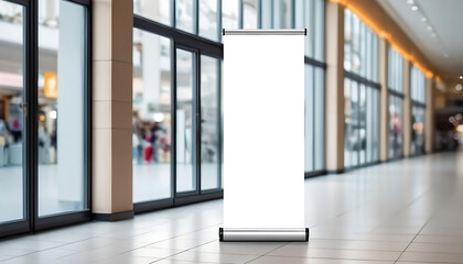 roll up mockup poster stand in a shopping mall banner design with a blank empty copy space area created with generative ai - obrazy, fototapety, plakaty