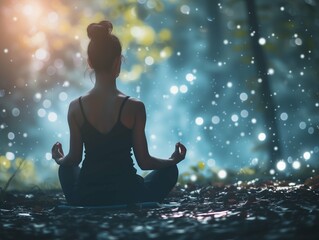 A woman practicing yoga meditation in nature, reaching mindfulness, spiritual awareness and nirvana, surrounded by mystical lights effects