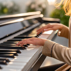 Hände einer Pianistin beim Spielen (Detal, Fokus auf die Hände)