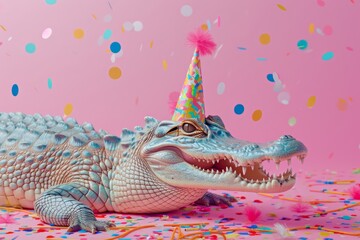 A scaly, party-loving crocodilian reptile struts its stuff in a festive hat, proving that even the...