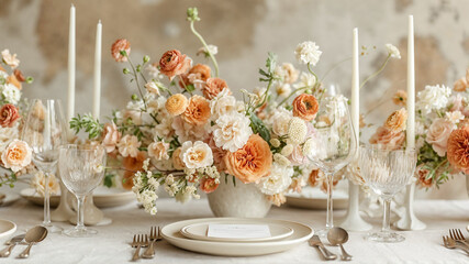 Peachy Floral Banquet Table with Candles and Crystal Glassware