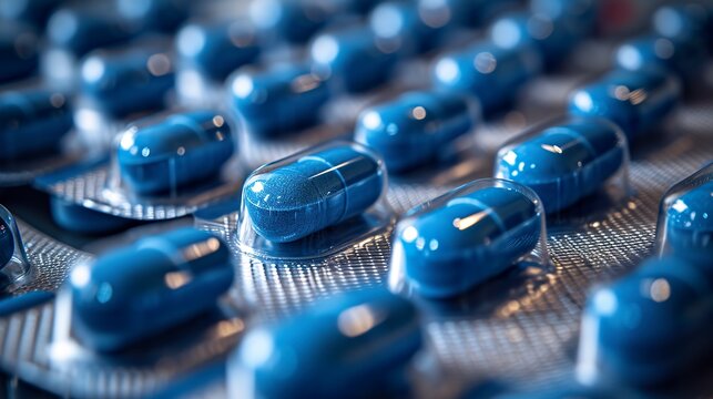 A tab packaging of blue pills designed for convenience and ease of access. Blue pill packaging in a fusion between functionality and innovation in the pharmaceutical industry.