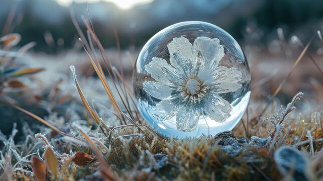  a close up of a snow globe with a snow flower in the middle of the glass sphere on top of the grass in front of the picture is frosted grass.