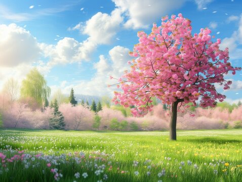 Beautiful spring landscape. Blooming trees on the meadow with flowers and green grass at sunny day