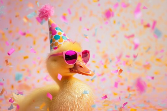 A playful pink duck dons a party hat and stylish sunglasses, ready to make a splash at any celebration with its toy-like charm and cool goggles. Happy birthday, party time!