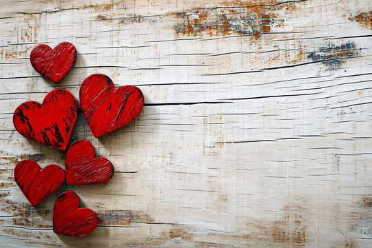 Red Valentine's Day hearts on wooden background