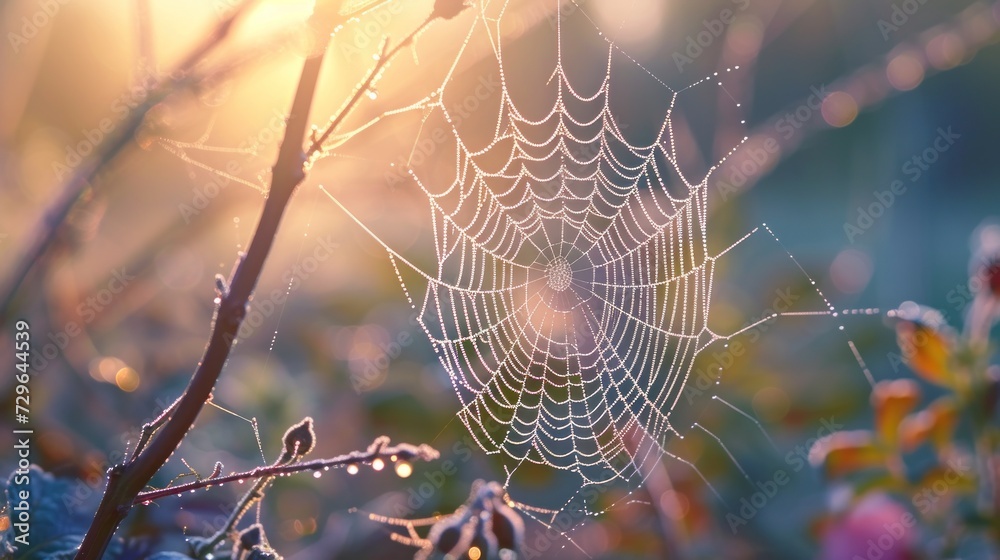 Wall mural a close up of a spider web on a tree branch with the sun shining through the spider's web on the bac