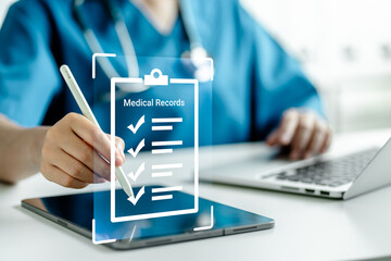 Medicine doctors inspect electronic medical records on tablets. Digital healthcare and network connection virtual screen interface, insurance, Medical Document Management System online - obrazy, fototapety, plakaty