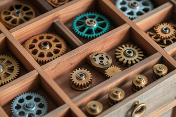 A close-up view of various metal gears neatly organized in a wooden compartment box, showcasing intricate designs and patterns.