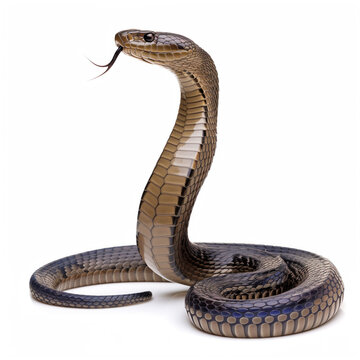 A detailed close-up of a cobra with its hood expanded, captured mid-pose against a white background, showcasing the intricate patterns and textures of its scales.