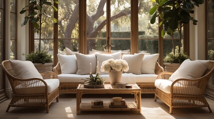 Incorporate natural rattan or wicker furniture for a sustainable and light-filled aesthetic - obrazy, fototapety, plakaty