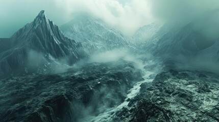 Fototapeta premium an aerial view of a mountain range with a river in the foreground and clouds in the sky over the top of the mountain, and below it is a foggy sky.