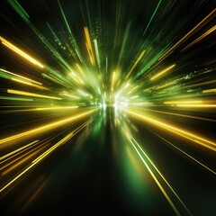Futuristic speed motion with green and yellow rays of light abstract background