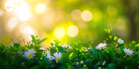 Obraz premium Daisy flowers in the middle of the undergrowth with morning light