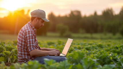 A young farmer is sitting with his laptop in a field, working with new technologies in agribusiness. - obrazy, fototapety, plakaty