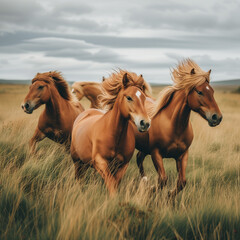 Wild Horses Galloping in Lush Grassland