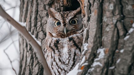 a close up of an owl in a tree with snow on the ground and behind it is a tree trunk with snow on the ground and behind it is a.