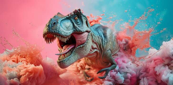 Dynamic image of a Tyrannosaurus rex with menacing expression amid explosive liquid splashes in contrasting colors