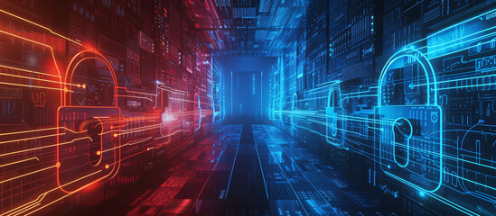 Obraz premium an image of a digital line with lights and dots, in the style of red and azure, arched doorways, cloudcore, long distance and deep distance