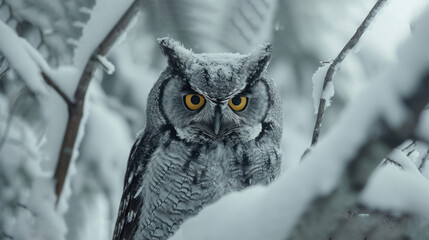  an owl with yellow eyes sitting on a tree branch with snow on the ground and behind it is a branch with snow on the branches and snow on the ground.