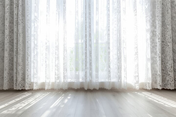 Large window with white lace curtains. Sunlight streaming through white lace curtains. Generative AI - obrazy, fototapety, plakaty