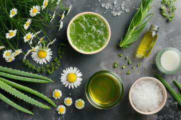 Natural skincare ingredients. Aloe vera and chamomile on summer background. Generative AI - obrazy, fototapety, plakaty